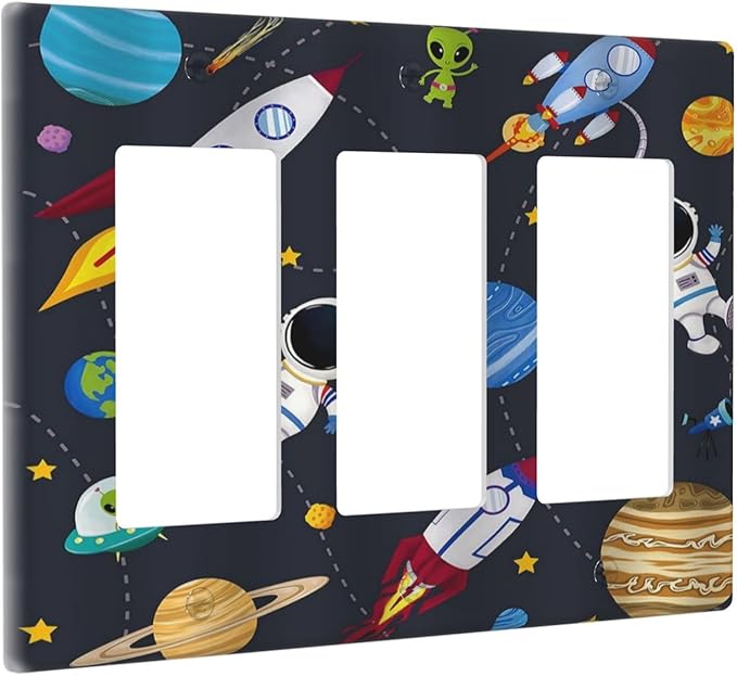 Rocket Planets Astronaut Blue Decorative Triple Rocker Light Switch Covers 3 Gang Outlet Wall Plate Cover Decorative Switchplate Faceplate GFCI for Nursery Kidsroom Bedroom Decor