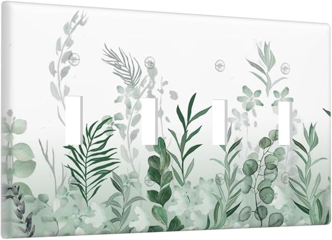 Watercolor Green Leaf Rustic Plant Eucalyptus Flowers Light Switch Covers Quad Toggle Electrical Faceplate 4 Gang Wall Plate Decorative Switch Plates for Bed Room Living Room Decor