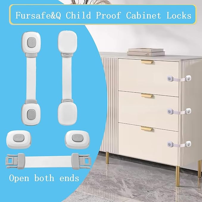 Fursafe&Q Baby Cabinet Locks, Child Safety Cabinet Proofing -Child Safety Strap Locks Adhesive Drawer Fridge Ovens Door Toilet Latches No Drill Multi-Purpose for Furniture Kitchen Lock (Grey, 6Pack)