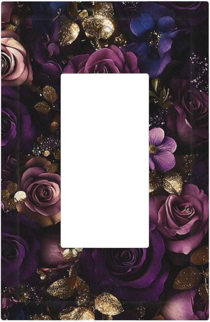 Decorative Light Switch Cover Plate with Luxurious Purple Roses Gold Accents Leaves Design 1 Gang Rocker Outlet Covers Single Decora Gfci Device Wall Plate for Romantic Bedroom/Living Room