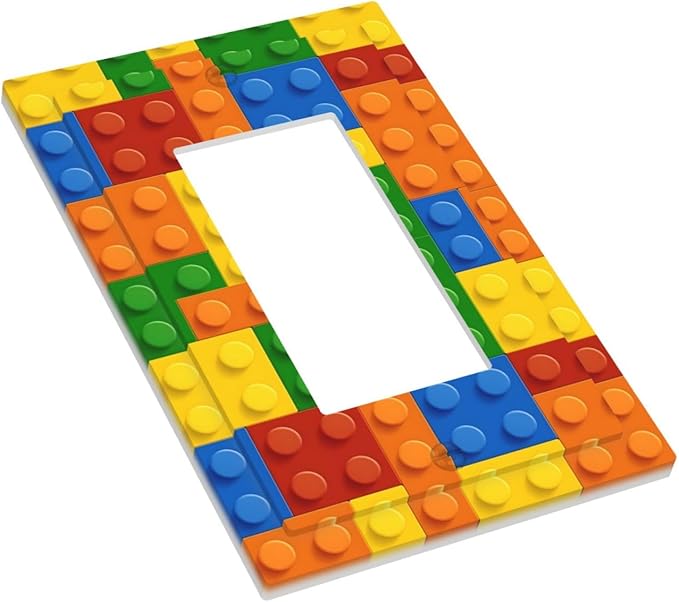 Building Blocks Theme Colored Bricks Print Decorative Outlet Covers 1 Gang Single Rocker Light Switch Cover Plate Wall Plates GFCI Faceplate for Room Office Home Decor