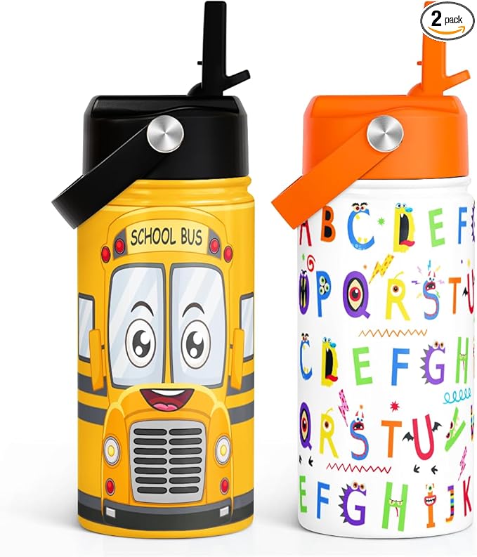 Kid Water Bottle 12oz with Straw Lid - 2-Pack Insulated Stainless Steel Water Bottles for Kids Girls Boys - Travel Cup for Back to School Sports Christmas Birthday (Alphabet & School Bus)