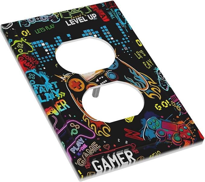 Gamer Video Game Themed Cool Controller Print Outlet Covers 1 Gang Duplex Light Switch Cover Decorative Switch Plates Electrical Receptacle Faceplate Wall Plate for Kids Room Office Decor