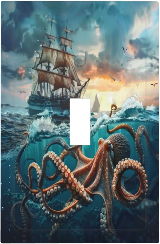 Light Switch Cover Plate Sailboat Ship Octopus Ocean Sea Waves 1 Gang Single Toggle Decorative Switch Plates Wall Plates Electrical Faceplate for Bathroom Bedroom Decor