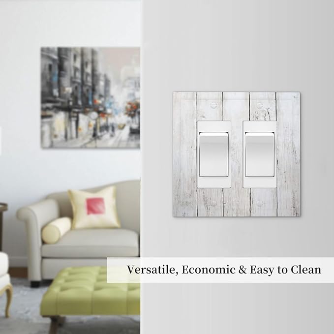 Modern Rustic Wood White Oak Print Decorative Outlet Covers 2 Gang Double GFCI Rocker Electrical Wall Panels Light Switch Cover Plate for Farmhouse Home Decor