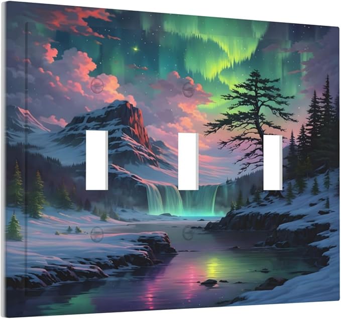Snow Mountain Aurora Waterfalls Rivers Forest Decorative Switch Plates 3 Gang Wall Plate Triple Toggle Light Switch Cover Faceplate Electrical Wall Panels for Bedroom Living Room Decor