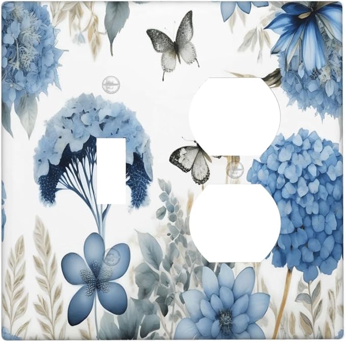 Blue Floral Hydrangea Floral Butterfly Flower Plant Wallplates 1 Toggle 1 Duplex Switch Plate Electrical GFCI Faceplate Decorative Light Switch Covers for Bedroom Living Room Decor