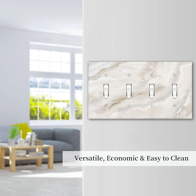 Abstract Luxury White Marble Texture Light Switch Covers Quad Toggle Electrical Faceplate 4 Gang Wall Plate Decorative Switch Plates Cover for Bathroom Kitchen Living Room Decor