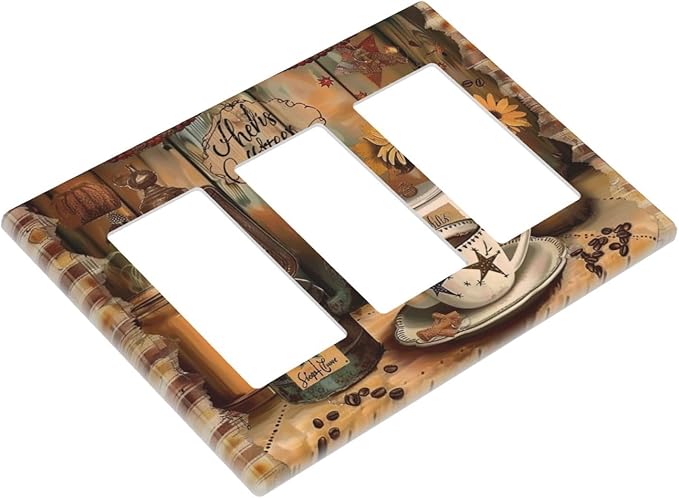 Decorative Outlet Covers Vintage Coffee Pot Star Farmhouse Wood Plank 3 Gang Wall Plate Triple Rocker Decora Light Switch Cover Plate Jumbo Electrical GFCI Switch Plate Cover