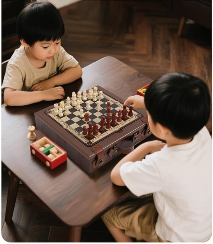 Board Games 12-in-1 Classic Wooden Board Game Set Chess Checkers Backgammon and More Premium Multi-Game Collection
