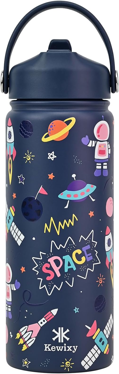 KEWIXY 18 oz Kids Water Bottle for School with Straw, Leak Proof, Stainless Steel with Easy Flip and Handle, Reusable, Metal, Insulated, Backpack-side Fit, for Boys Little Space Fans (Space Blue)