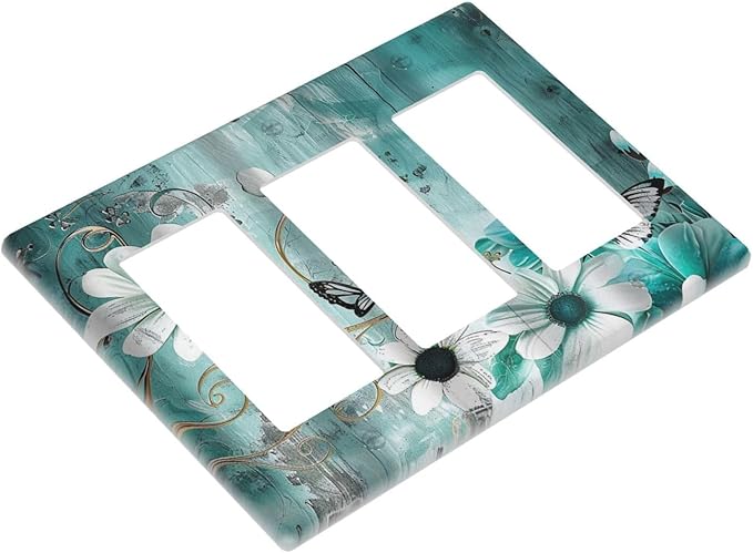Decorative Outlet Covers Turquoise Flowers and Butterflies Rustic Teal White Floral 3 Gang Wall Plate Triple Rocker Decora Light Switch Cover Plate Jumbo Electrical GFCI Switch Plate Cover
