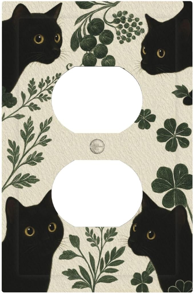 Decorative Outlet Covers Funny Black Cat Green Leaf 1 Gang Duplex Light Switch Cover Plate Unique Wall Plates for Electrical Outlets Switch Plate Covers for Bedroom Home Decor