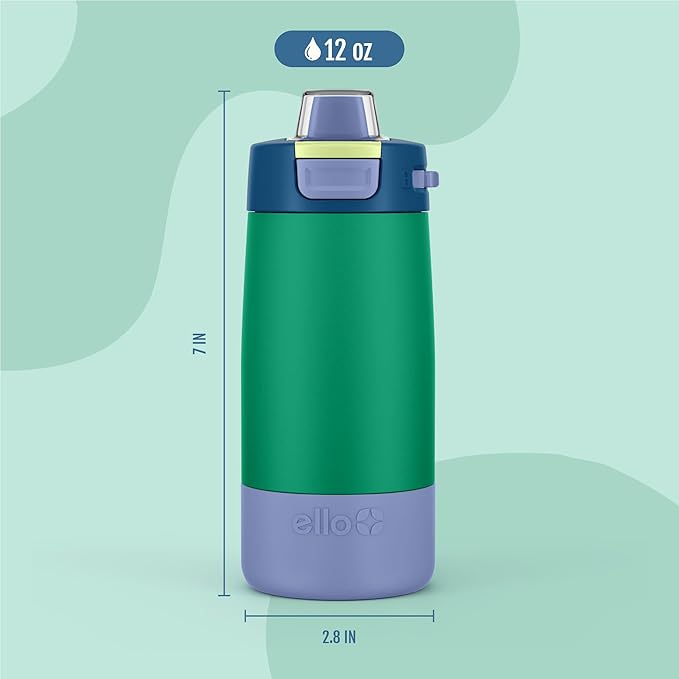 Ello Kids Colby 12oz Stainless Steel Insulated Water Bottle with Straw and Built-In Silicone Coaster Carrying Handle and Leak-Proof Locking Lid for School Backpack, Lunchbox, and Outdoor Sports
