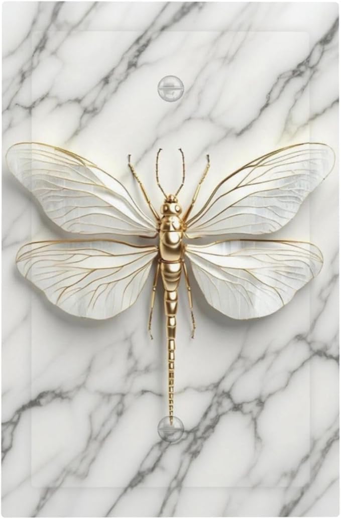 White Gold Marble Dragonfly Abstract Modern Light Switch Cover Plate 1 Gang No Device Blank Electrical Wall Plates Faceplate Decorative Switch Plate for Bathroom Home Decor