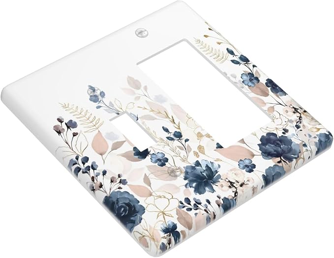 Blue Flora Boho Vintage Flower Golden Leaves Outlet Covers 1 Toggle 1 Rocker Combination Decorative Wall Plate Electrical Switch Plates Light Switch Cover Plate for Bedroom Living Room Decor