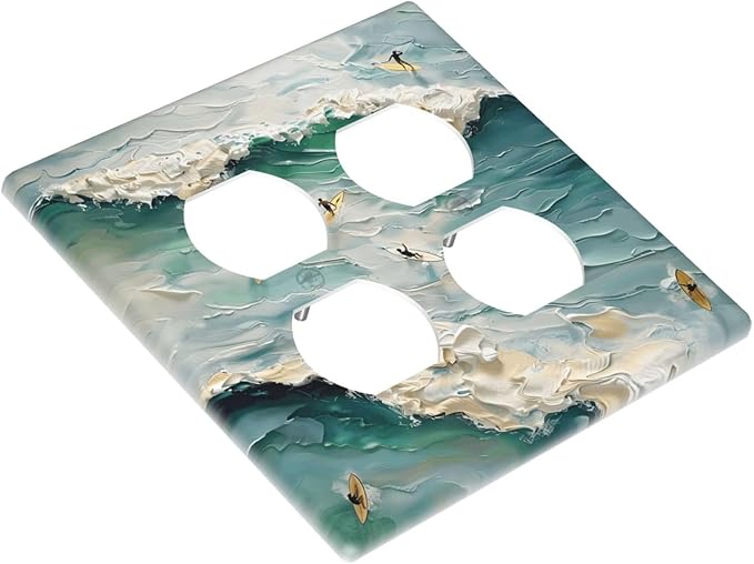 Beach Waves Ocean Surfing Hoverboard Painting Print Outlet Covers 2 Gang Double Duplex Decorative Light Switch Covers Electrical Wallplates Socket Faceplate for Bedroom Living Room Decor