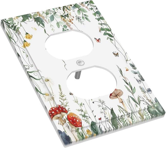 Outlet Covers Sage Plant Red Mushroom Butterfly Wild Flower 1 Gang Duplex Light Switch Cover Decorative Switch Plates Electrical Receptacle Faceplate Wall Plate For Bed Room Kids Room