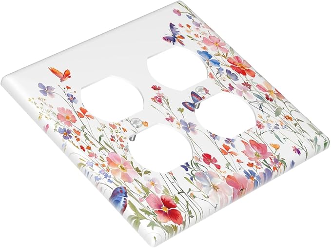 Colorful Flower Watercolor Floral Butterfly Bird Outlet Covers 2 Gang Double Duplex Decorative Light Switch Covers Electrical Wallplates Socket Faceplate for Bedroom Living Room Decor