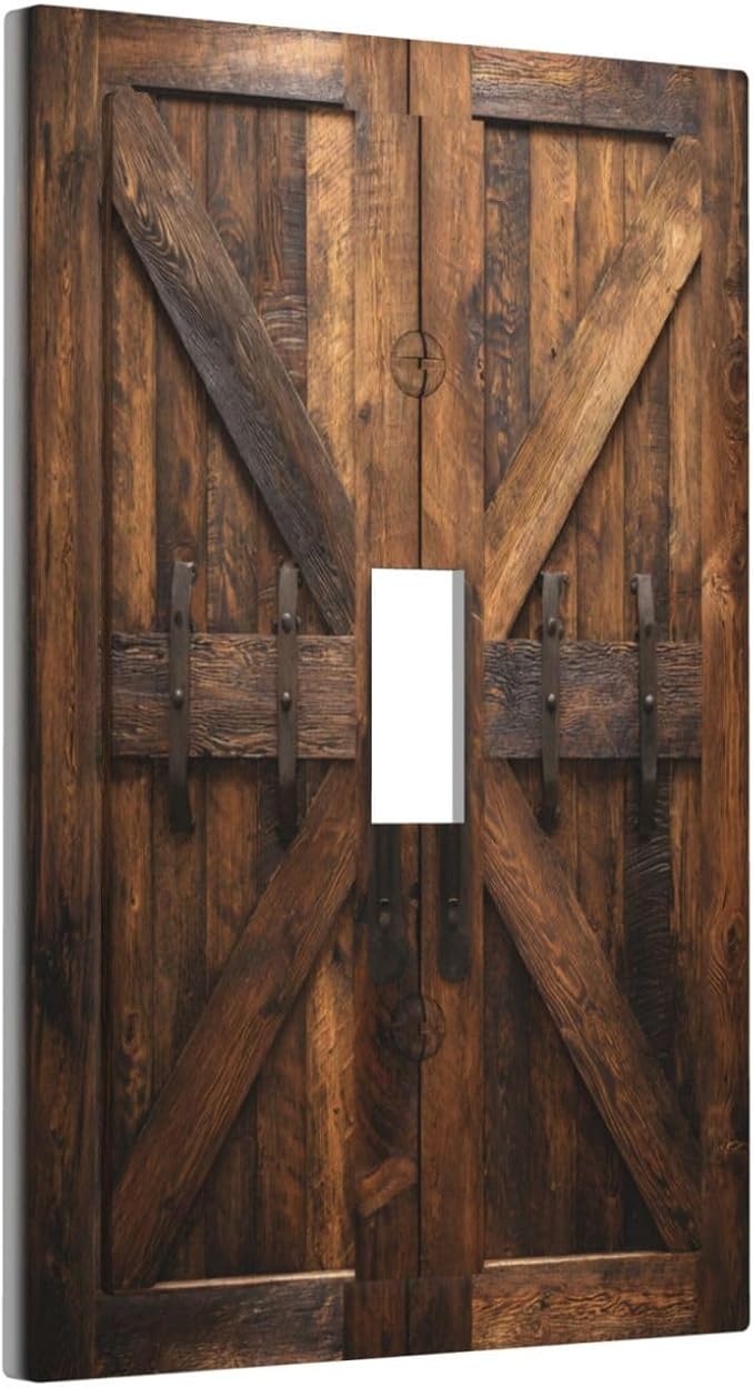 Decorative Light Switch Cover Plate Retro Brown Wood Barndoor 1 Gang Single Toggle Wall Plates for Electrical Outlet Covers Switch Plate Covers Faceplate for Farmhouse Home Decor