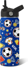 Soccer Gifts for Kids - 18 Oz Kids Water Bottle with Straw Lid, Stainless Steel Insulated Tumbler, Leak Proof, BPA-Free, for Girls, School, Travel - Soccer Lovers Children Birthday Gifts Cups(1pc)