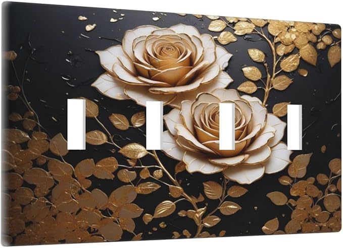 Decorative Light Switch Plate Covers Big Golden White Roses Glod Leaves Black Background 4 Gang Wall Plate Switch Cover Plate Quad Toggle Jumbo Electrical Faceplate for Home Decor