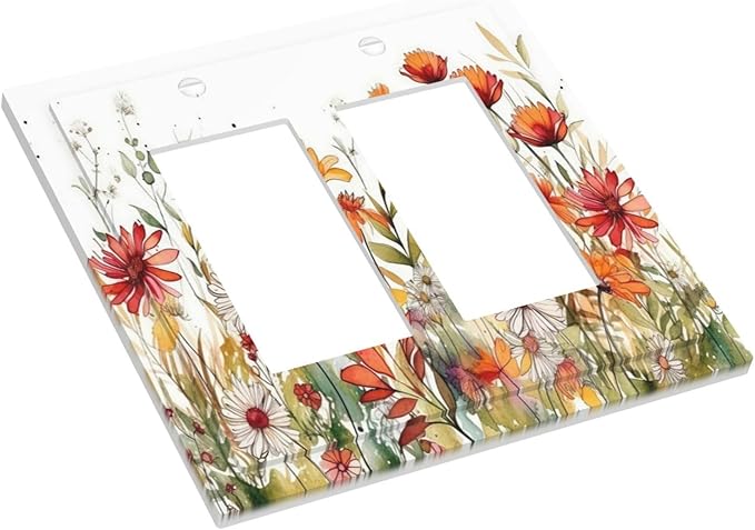 Watercolor Wild Flower Floral Daisy Plant Decorative Outlet Covers 2 Gang Double GFCI Rocker Electrical Wall Panels Light Switch Cover Plate for Bedroom Living Room Decor