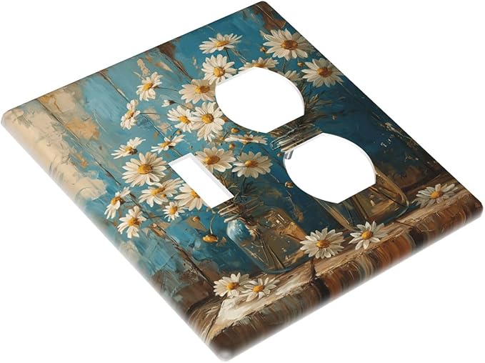 Delicate White Daisy Jars Retro Wood Background Wallplates 1 Toggle 1 Duplex Switch Plate Electrical GFCI Faceplate Decorative Light Switch Covers for Farmhouse Home Decor