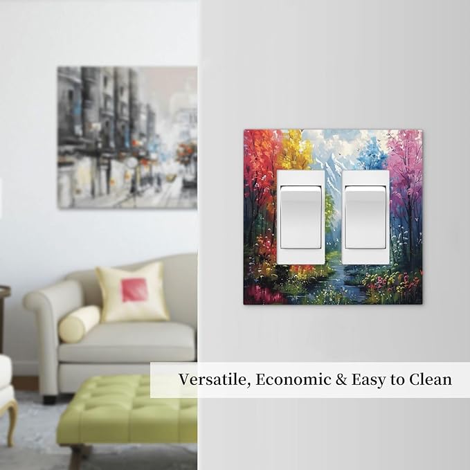 Colorful Forest Snow Mountain River Oil Painting Style Decorative Outlet Covers 2 Gang Double GFCI Rocker Electrical Wall Panels Light Switch Cover Plate for Bedroom Living Room Decor