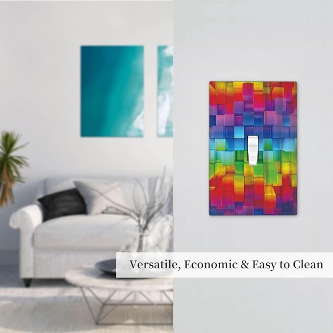 3D Colorful Rainbow Wall Abstract Squre Shaped 1 Gang Light Switch Covers Decorative Unique Single Toggle Wall Plate Switchcover Electrical Switchplate for Kitchen Bathroom Bedroom Decor