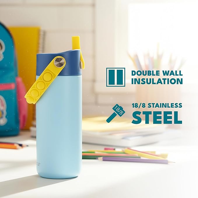 Elemental Insulated Kids Water Bottle, Stainless Steel Water Bottle with Straw Lid & Pop-It Handle, Leak-Proof Water Bottles for School, Boys or Girls, Travelling and Sports, 18oz - Sunny Sky