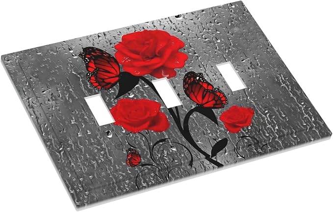 Butterfly Red Rose Flower 3 Gang Triple Toggle Light Switch Wall Plate Cover Decorative Electrical Faceplate For Girls Bathroom Home Living Room Decorate 6.7" x 4.8