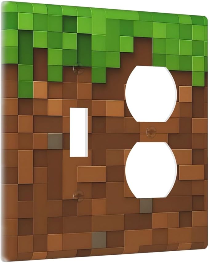 Pixel Style Gamer Themed Grass Block Wallplates 1 Toggle 1 Duplex Switch Plate Electrical GFCI Faceplate Decorative Light Switch Covers for Kids Room Office Home Decor