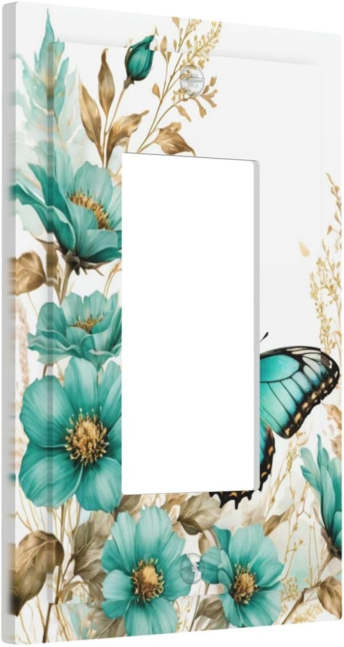 Decorative Outlet Covers Butterfly on Blue Daisy Flower Floral Golden Leaf 1 Gang Single Decora GFCI Device Light Switch Covers Plate 1 Rocker Wall Plate Jumbo Face Plate
