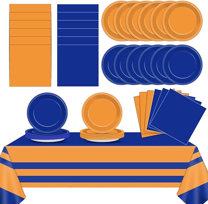 Blue and Orange Party Supplies Serves 24 Orange and Blue Decorations Party Paper Plates and Napkins Plastic War Birthday Tablecloth Dart Disposable Tableware Set for Baby Shower Graduation