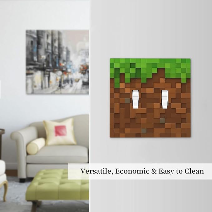 Pixel Style Gamer Themed Grass Block Decorative Switch Plates 2 Gang Double Toggle Outlet Light Switch Cover Wall Plate Electrical Faceplate for Kids Room Office Home Decor