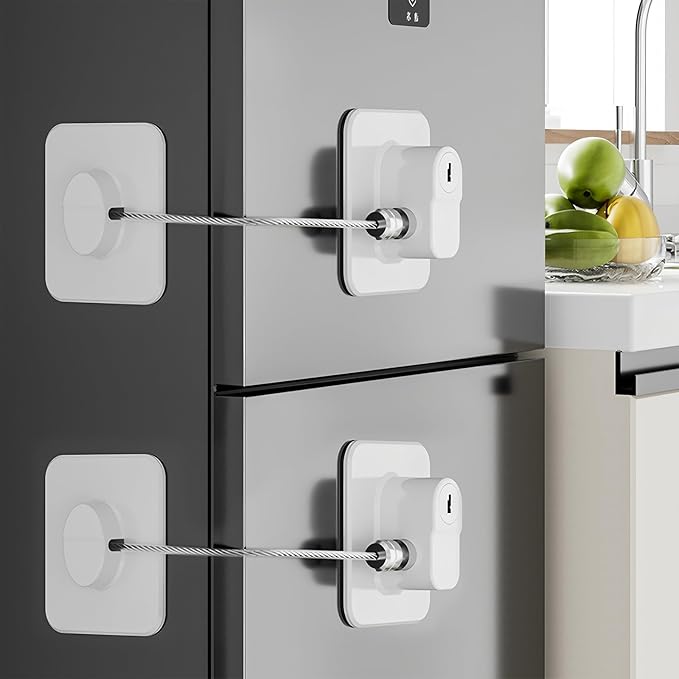Fridge Lock (2 Pack),Refrigerator Lock with Keys,for Fridge, Cabinet Locks, Drawers, Dishwasher, Toilet and Child Safety Cabinet Locks, 3M Adhesive No Drilling (White)