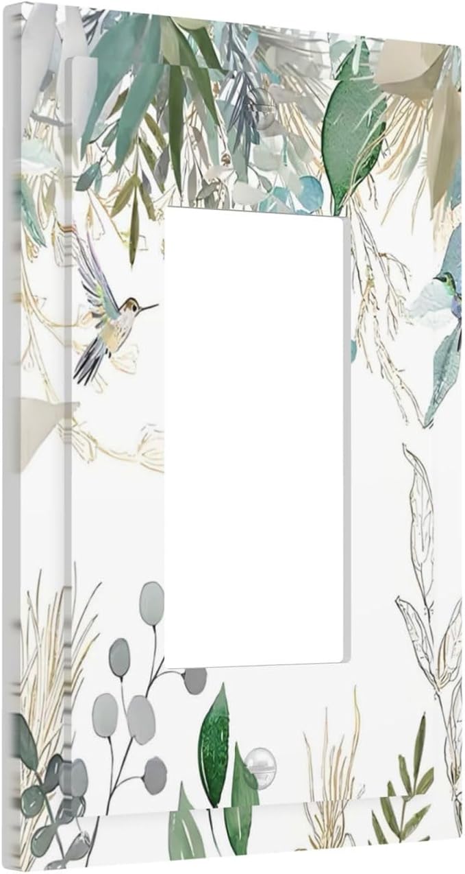 Green Tropical Palm Leaves Flower Plants Hummingbird Decorative Outlet Covers 1 Gang Single Rocker Light Switch Cover Plate Wall Plates GFCI Faceplate for Bed Room Living Room Decor