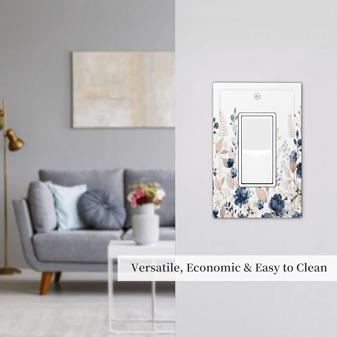 Blue Flora Boho Vintage Flower Golden Leaves Decorative Outlet Covers 1 Gang Single Rocker Light Switch Cover Plate Wall Plates GFCI Faceplate for Bedroom Living Room Decor