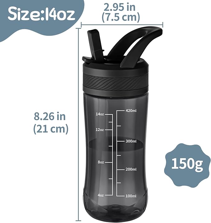 Kids Clear Water Bottle 14oz Flip with Straw Carry Handle, Leakproof, Reusable, Tritan, BPA Free, Suitable for Boys and Girls, Black
