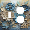Decorative Art Light Switch Covers Blue and Creamy Floral 2 Gang Single Toggle Duplex Combination Electrical Faceplate Switchplate Wall Plate for Home Decor