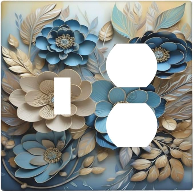 Decorative Art Light Switch Covers Blue and Creamy Floral 2 Gang Single Toggle Duplex Combination Electrical Faceplate Switchplate Wall Plate for Home Decor
