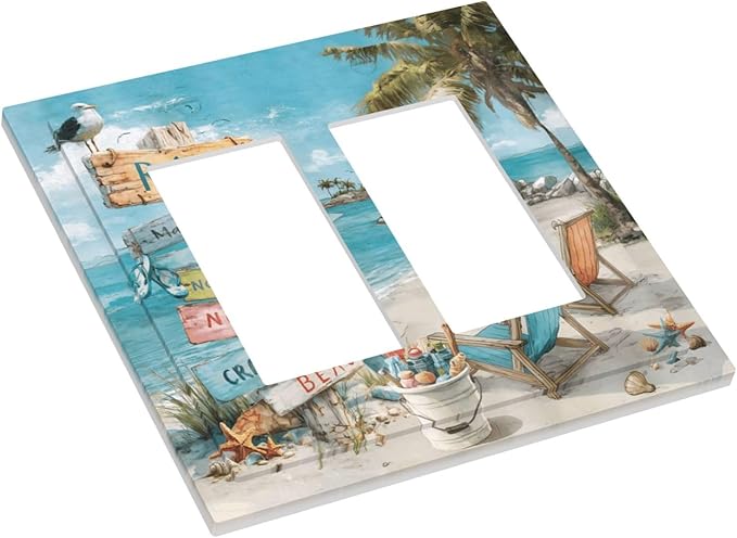 Ocean Beach Tropical Palm Tree Coastal Seaside Decorative Outlet Covers 2 Gang Double GFCI Rocker Electrical Wall Panels Light Switch Cover Plate for Kids Room Living Room Decor