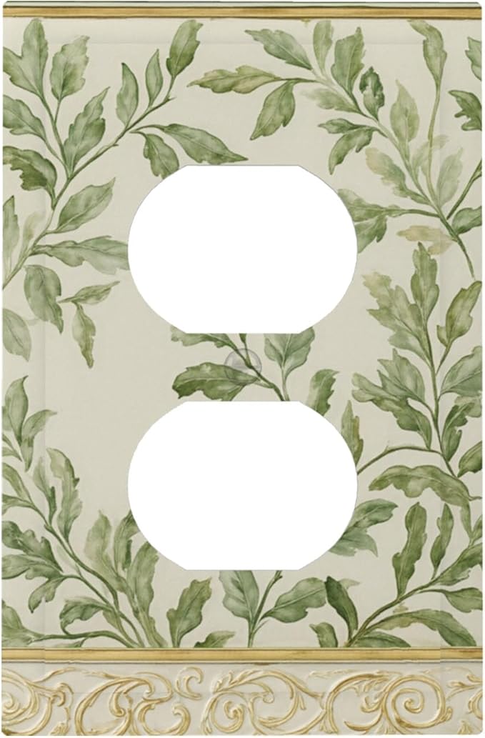 Soft Green Botanical Scroll Duplex Wall Plate - 1-Gang Standard US Size Regency Style Leafy Vine Design Outlet Covers for Bedroom Living Room Decor