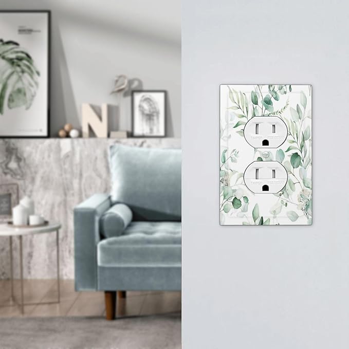 Boho Green Eucalyptus Leaf Floral Plants Flowers Outlet Covers 1 Gang Duplex Light Switch Cover Decorative Switch Plates Electrical Receptacle Faceplate Wall Plate for Bed Room Living Room Decor