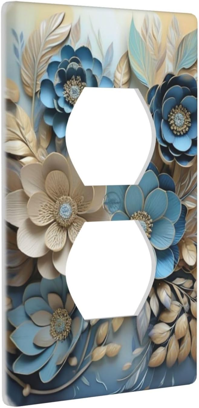 Decorative Art Light Switch Covers Blue and Creamy Floral 1 Gang Single Duplex Outlet Wall Plate Switchplate Electrical Faceplate for Home Decor