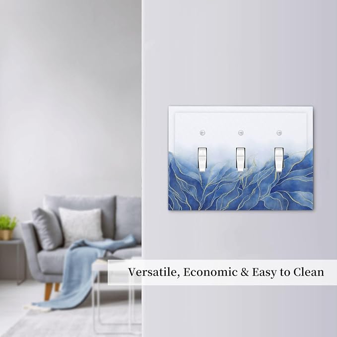Light Switch Cover Plate Blue Gold Leaf Marble Modern Abstract 3 Gang Triple Toggle Decorative Switch Plates Wall Plates Electrical Switchplate Faceplate for Kitchen Bathroom Decor