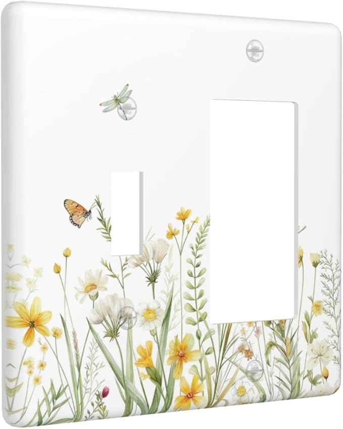 Colorful Wildflowers Dragonfly Butterfly Floral Outlet Covers 1 Toggle 1 Rocker Combination Decorative Wall Plate Electrical Switch Plates Light Switch Cover Plate for Bedroom Living Room Decor