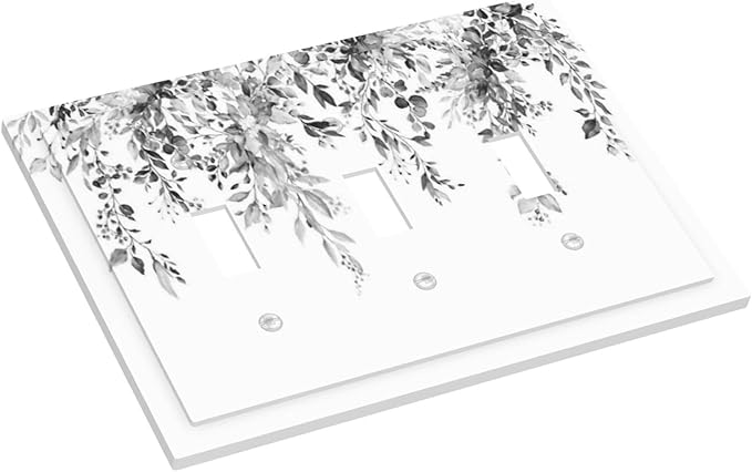 Decorative Switch Plates Grey Floral Plant Eucalyptus Leaf Flower 3 Gang Wall Plate Triple Toggle Light Switch Cover Faceplate Electrical Wall Panels For Bed Room Living Room Decor