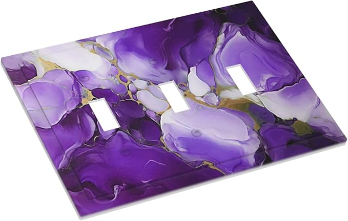 Decorative Light Switch Cover Plate Abstract Luxury Purple Gold Marble Textures 3 Gang Wall Plate Oversized Triple Toggle Switch Cover Plate Jumbo Electrical Face Plate for Bedroom Decor